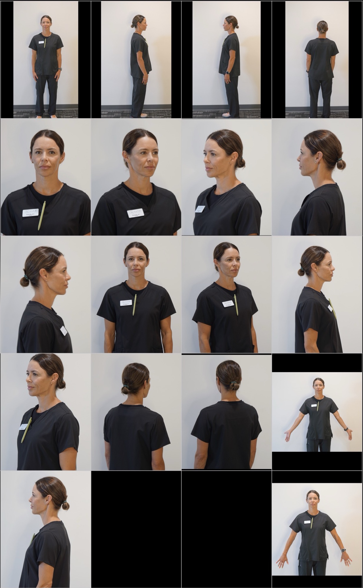 Contact sheet of one person in black scrubs against a plain white wall: full-body front, both sides and back; medium close-ups turning from front through three-quarter, profile and away; mediums through the same turns; and two full-body shots with arms held slightly away from the body.